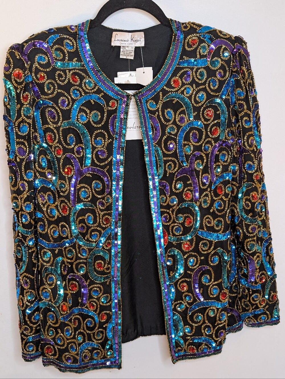 Laurence Kazar Black Sequin Jacket Silk Turquoise, Purple & Red Accents Nwt